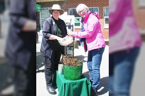 Dianne Dowling and Nancy Roantree were at the Frontenac Farmers Market opening to drum up support for the Kingston Area Seed System Initiative. The seeds they’re packaging up here are dwarf french marigolds. Photo/Craig Bakay