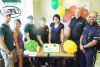 Rachel Hosseini with staff members Alana Botting and Lindsay Colliss and four regular customers at the Sharbot Lake Subway&#039;s first year anniversary celebrations on July 23