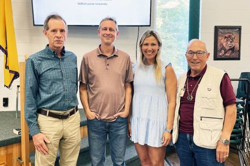 L to R Ken Hook from the Cloyne and District Historical Society, Dr. Robert Mclemon, MPP Shelby Kramp, and Lion Douglas Galt.