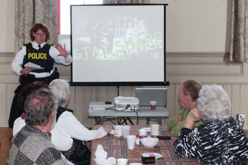 SSgt. Sharon Brown gave an informative talk on marijuana at the Seniors And Law enforcement Together lunch Friday at the Grace Centre in Sydenham. Photo/Craig Bakay