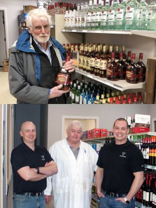 Top: Les McGowan, former owner of the Godfrey General Store, wanted to be the first customer when the outlet opened in January, and Laurie Love was happy to oblige. Bottom: Jordan, Jim, and Nick Gilmour in the new LCBO section of Gilmour's on 38
