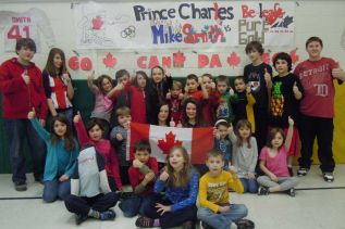 students at Prince Charles PS cheer for Verona’s own Olympian, Mike Smith as he and the team get ready to go for gold in Sochi
