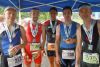 Participants at the 2013 Triathlon/Dualthlon event in Sydenham: l-r, Peter Konecny of Ottawa placed third in the Olympic Tri; Michael Martin of Ottawa placed second in the Sprint Duathlon; Jim Tuck of Port Perry waited for his results after running the Sprint Tri as did Greg Hicks of Kingston who ran the Olympic Tri; Colin Runions took first in the Sprint Duathlon.
