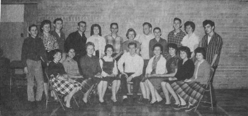 SLHS Student Council from the early 1960s. Standing: Murray Kelsey, Karen Kellar, Art Thompson, Carl Beattie, Shirley York, Paul Dowdell, Carol Flynn, Ivan Price, Jim Parker, Andy White, Ann MacPlierson, Mike Shea. Sitting: Helen Burke, Gayle Perry, Gayle Elkington, Eileen Burke, Skip Moyst, Linda Brown, Linda Coy, Linda Prentice, Rose-Anne Ferguson. Absent: Gary Barker. Staff Advisor, Mr. Taggart.