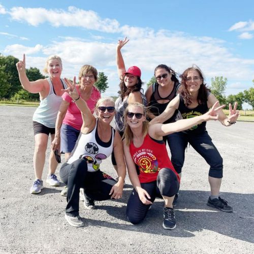 Isabelle-Anne and Michelle-Marie (front centre) lead Zumba classes at the Glenburnie Church.