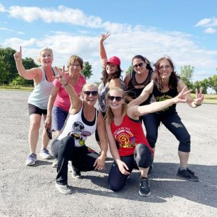 Isabelle-Anne and Michelle-Marie (front centre) lead Zumba classes at the Glenburnie Church.