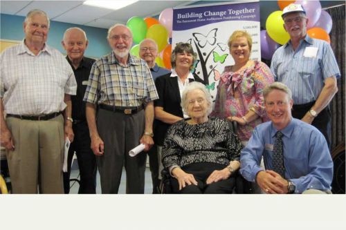 Left to right: Don Hart (Rotary), Gord Lindsay (Rotary), Clay Elston (Rotary), Roy Ford (Rotary), Warden Gutowski, Evelyn Twigg (Fairmount resident), Heather Ford (Rotary), Scott Ford (Honourary Chair of the Fundraising Committee) & Bernie Breen (Rotary)