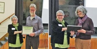 Left, Judy Buehler presenting the "Contribution to the General Environment award to Graham Beck. Photos - Colin Stephenson. Right, Noelle Reeves, is presented with the Environment Award for Contribution to the Tay Watershed, by Judy Buehler, from Friends of the Tay Watershed.