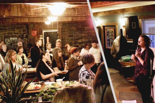 Frontenac County business owners take a break from eating, drinking and talking to listen to a short presentation from Alison Vandervelde at the Sharbot Lake Country Inn last Thursday evening