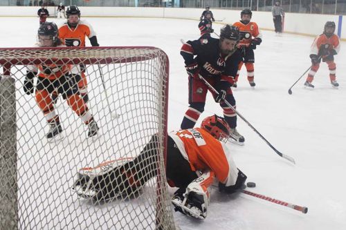 Flyers goalie Zakk Ottenhof was busy in the first two periods of Friday night’s semi-final against the Shelburne Wolves. Photo/Craig Bakay