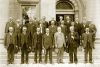 Frontenac County Council and Officials. Back row: John Purdy, David Purdy, R.H. Fair, P.J. Wensley, Wm. Toner, A.H. Muir, Abbot Thompson, James Halliday, J. W. Bradshaw. Middle row: C.G. McKnight, R. McVeigh, Joseph Hawkey, C.W. Sleeth, John Gray, Benson Coulter, L.D. Parks, C.H. Corbett Front row: Dr. Wm. Spankie, J.E. Freeman, Charles Truscott, J.A. Kennedy, H.A. Calvin, W.J. Donaldson, W.J. Franklin. c. 1909-1914