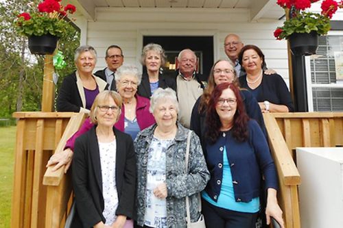 Front row:Assistant Librarian Deb VanNess, Library Board Chair Carol Lessard, Library Board Karen Lips. Second Row: Library Board Betty Bass, Library CEO Bonnie Leoen. Back Row: Library Board Donna Wood, Councillor Kirby Thompson, Library Board Brenda Lessard, Reeve Henry Hogg, MPP Ric Bresse, Councillor Helen Yanch. Photo Courtesy of Christine Reed