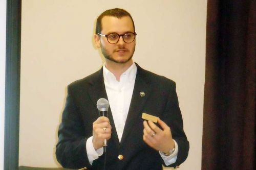Reid Shepherd, community planner with the County of Frontenac at the Golden Links hall on April 13