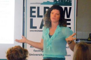 Francine MacDonald, senior invasive species biologist with the MNRF speaks at Elbow Lake at the Frontenac County Invasive Species Community Seminar on August 29