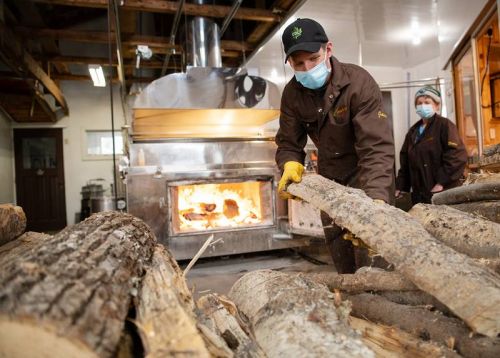 SHARBOT LAKE, Ont. (31/03/2021) - Jason Conboy of the Conboy Maple Syrup Farm in Sharbot Lake, replenishes the wood fire of the maple syrup evaporator during production of their sweet product on March 31, while his mother Darlene supervises. “We had a bumper season last year but this year it’s about half which is about an average season,” says Darlene, who lives on the farm with her husband George. George and Darlene have lived on their farm, which used to belong to George’s great-grandfather, for 40 years. Photo by Daniel Geleyn