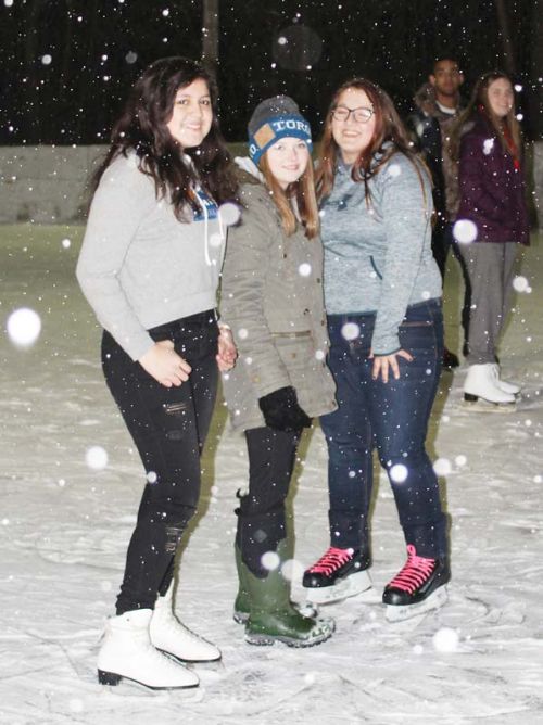 While a major game of shinny broke out at the south end of the rink, the north end was much quieter as Makayla Richard, Allison Chacon and Kayleigh Matson found.