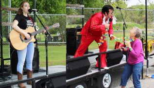 Left: Up and comer Courtney Kane led off the musical portion of the weekend with an assortment of country tunes. Photo/Craig Bakay – Right: Dan Stoness brought his Elvis show to the stage, much to the delight of Inverary Youth Activity Group treasurer Judy Borovskis. Photo/Craig Bakay