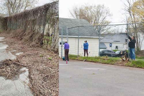 File Photo: Volunteers clearing brush and debris from the Sharbot Lake tennis court, in April 2021.
