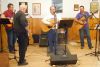  L-r, Adam Lake, Jim MacPherson, Cliff Rines and Justin Riddell on stage for the Open Mic Rink Fundraiser event at the Sharbot Lake Legion