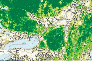 The dark greeen circle in the middle of the map is the Adirondack Park, and the circle to the left is Algonquin Park and vicinty. The lighter green, slightly fractured area in between, is the corridor.