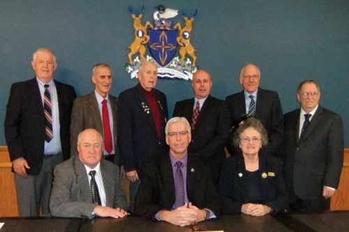 Front row: Ron Sleeth, Mayor Vandewal, Pat Barr. Back row: Alan Revill, Ross Sutherland, Bill Robinson, Mark Schjerning, John McDougall, Norm Roberts