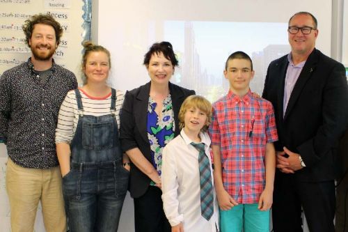 The St. James production team from left: teacher Mike Veryzer, volunteer Charlotte MacAllister, Vice-Principal Lori Bryden, emcees Hector MacAllister and Blake Cryer with Algonquin & Lakeshore Catholic District School Board trustee Sean Kelly. Photo/Craig Bakay