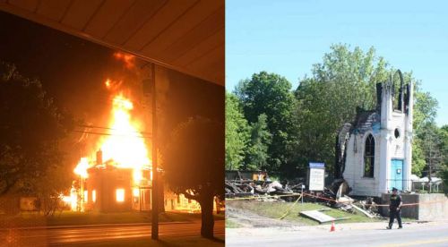 Left: Former Manse of St. James Anglican Church when fully engaged in the fire that left only the bricks in place. Firefighters could only watch as the fire spread to the church next door. Right: The next day: police continue to investigate as only the front of the former St. James Anglican Church survived the fire