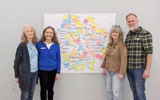 Founding members of Transition Storrington stand with the Permaculture Flower. From left to right: Rebecca Ward, Kari Galasso, Sharon Freeman, Will Freeman.