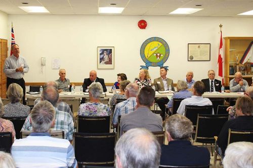 From left, Loughborough candidate Randy Ruttan, Loughborough candidate Ross Sutherland, Mayoralty candidate Mark Schjerning, Loughborough candidate Fran Willis, moderator Barb Canton, Mayoralty candidate Phil Archambault, Mayoralty candidate Ron Vandewal (incumbent), Storrington Coun. Norm Roberts (acclaimed), Storrington Coun. Ron Sleeth (acclaimed). Photo/Craig Bakay