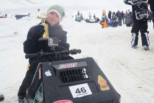 Kaylee Mustard, 7, of Westport won first place in the Kitty Kat half track race on her Arctic Cat Kitty Kat machine at the Sharbot Lake Snow Drags that took place at Oso beach on February 14.