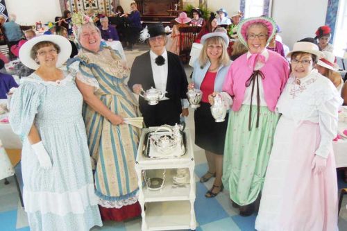  L-r Bonnie Brown, Debbie Lovegrove, Muriel York, Darlene Nicol, Jean Mackay and Noreen Peters serve tea to 70 guests at Trinity St. Paul's in Verona