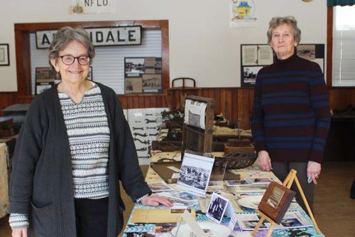 Sarah Hale and Teresa Scott with the Kennebec Historical Society display at the Frontenac Heritage Festival in Arden Saturday. Photo/Craig Bakay
