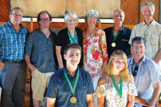 Honorees and presenters (L to R - back row) Craig Godfrey, Jeff Green, Dianne Lake, Pam Giroux, Normand Guntensperger, Brian Robertson. (Front row) Nic Alarcon, Gillian Hoffman, Tim White. photo - Carol Belanger