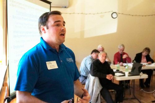 NextEra Project manger Ben Greenhouse makes his case, unsuccessfullu it seems, to North Frontenac Counciil at a public meeting in Harlowe last week.