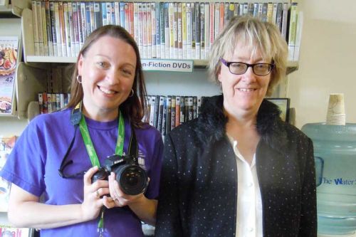 Regular KFPL user, Debbie Whan, lends her face to MY KFPL promotional campaign with Meredith Westcott at the Sharbot Lake branch