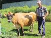 Local farmer Gary Barr with Carmel, a Jersey cow who is back for a second stint in the Cow Flop Bingo event. “I bring her because she’s quiet and that’s a concern with all the kids around,” Barr said. Photo/Craig Bakay