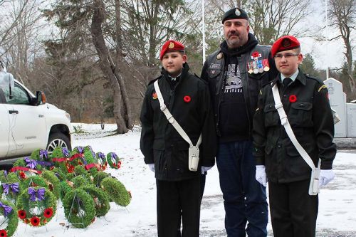 Retired Master Corporal Don Quirion, from Arden took an opportunity to get a picture with sons Joshua and Daniel, both cadets with the Hastings-Prince Edward regiment in Madoc. The boys were part of the colour party for the Flinton ceremony on Saturday as well as Arden and Mountain Grove.