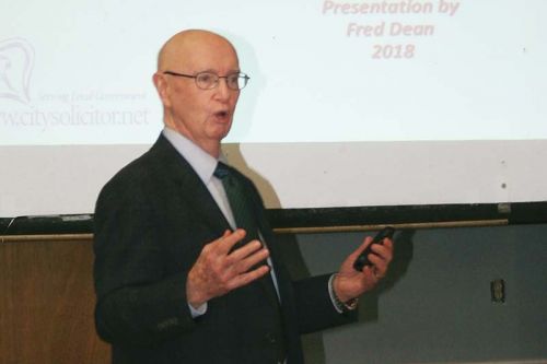 Former City of Sudbury lawyer Fred Dean gave prospective council members an idea of what they might be in for if they run this fall Monday night at Oso Hall. Photo/Craig Bakay