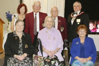 Visiting dignitaries from the Sovereign Grand Lodge and Rebekah Assembly of Ontario, Sister Sue Guerts, Past President and Brother Jim Broadfoot, Grand Master took a minute to pose with longserving local members Howard Fellows and Howard Wagner (51 years each), Frances Young (57 years), June Carruthers (75 years) and Barb Garrison (50 years).